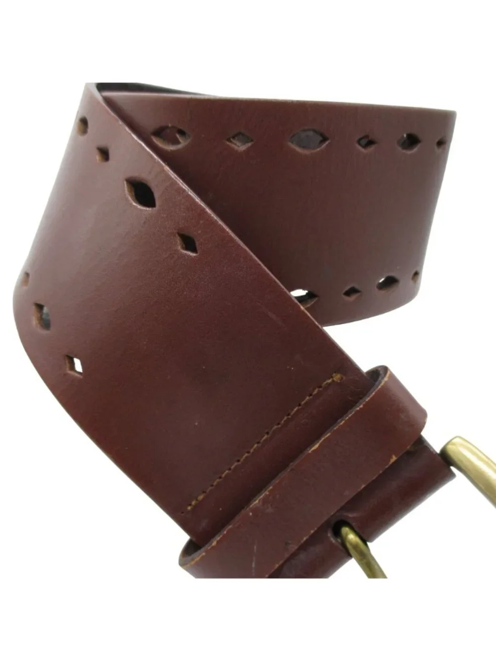Linea Pelle Leather Belt With Brass Buckle & Cutout Design Brown Small Designer